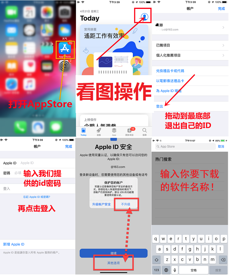 App Store 登录图示：打开商城、点击头像、退出原账号、输入所购账号后搜索应用。